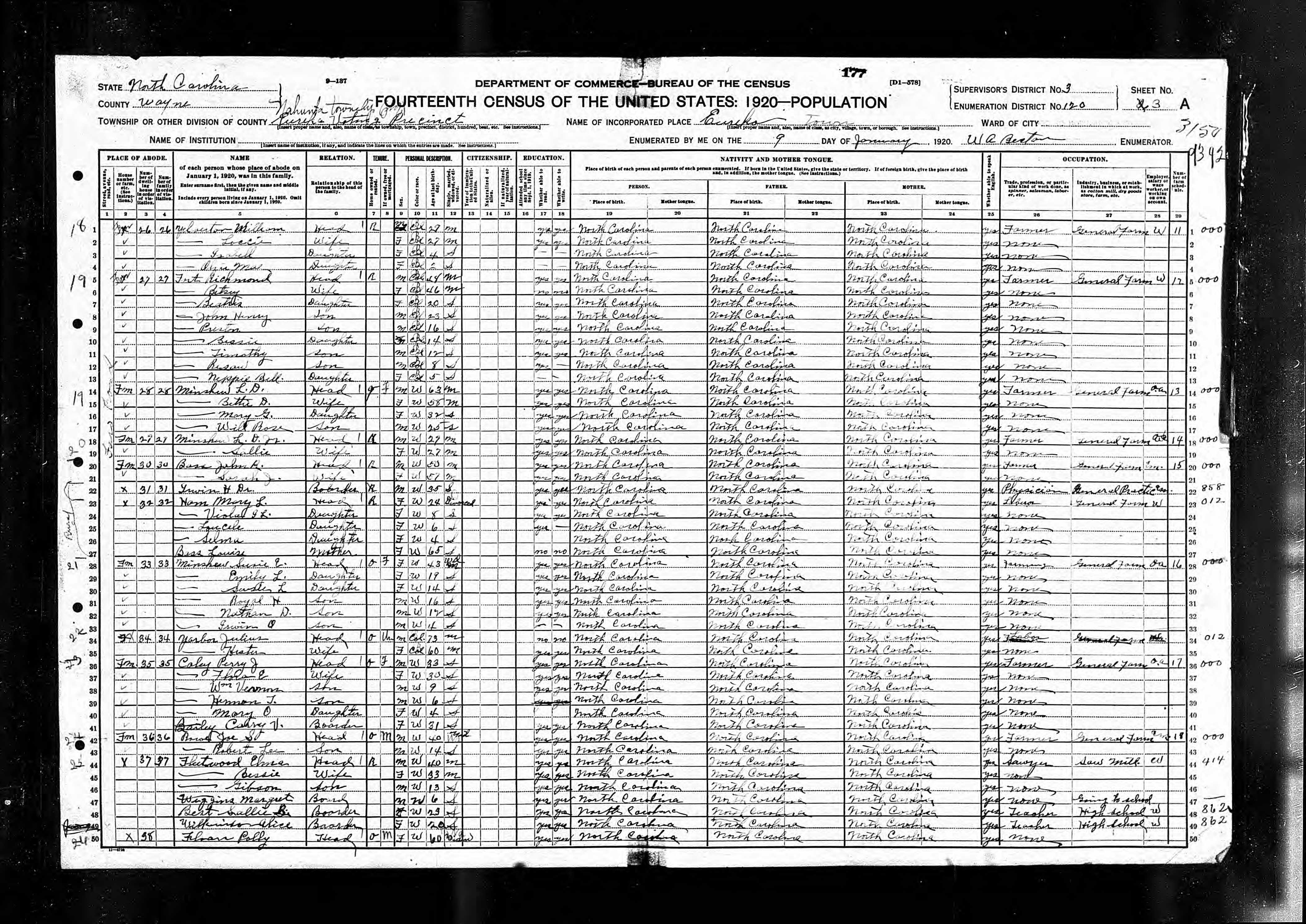 1920-CENSUS_USA-NorthCarolina-Wayne-Eureka_p3a